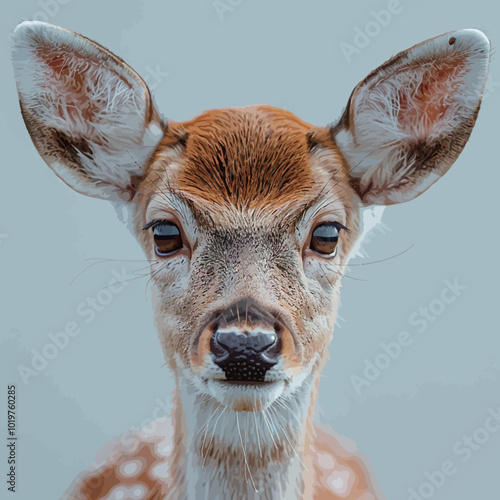 Portrait of a young deer on a gray background. Close-up. 1 