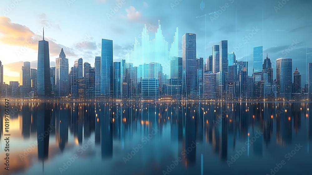 Skyscrapers with Growing Graph: A hyper-realistic image of a city skyline with towering modern skyscrapers. In the foreground, a translucent upward-trending graph rises. Skyscrapers with Growing Graph: A hyper-realistic image of a city skyline with towering modern skyscrapers. In the foreground, a translucent upward-trending graph rises.
