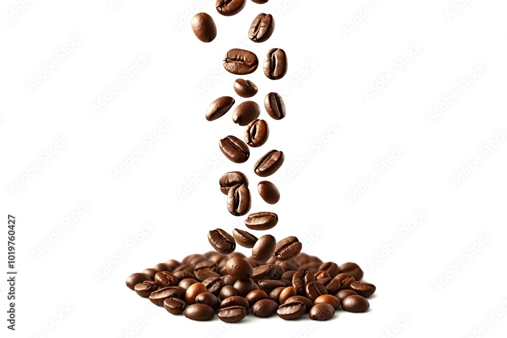 Obraz premium Coffee beans falling onto a heap isolated on a white background.