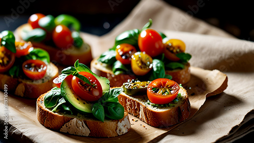 Delicious Bruschettas with fresh tomatoes and avocado photo