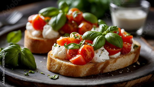 Delicious Bruschettas with fresh tomatoes and mozzarella photo