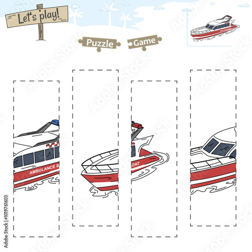 Lets play puzzle game with beach or ocean theme of Ambulance boat