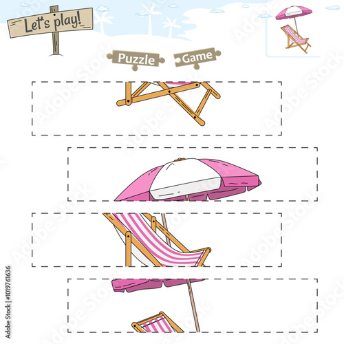 Lets play puzzle game with beach or ocean theme of Beach chair and umbrella