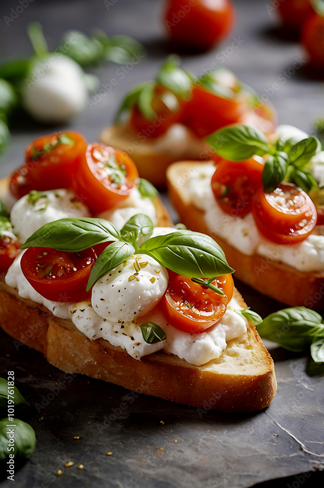 Delicious Bruschettas with fresh tomatoes and mozzarella Delicious Bruschettas with fresh tomatoes and mozzarella