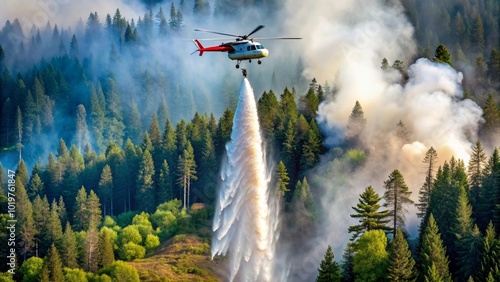 Firefighting helicopter dropping water over a forest , forest, fire, aerial, emergency, rescue, helicopter, water, drop photo