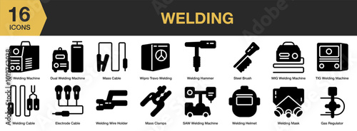 Welding solid icon set. Includes trafo, welding wire, mask, helmet hammer, and More. Solid icons vector collection.