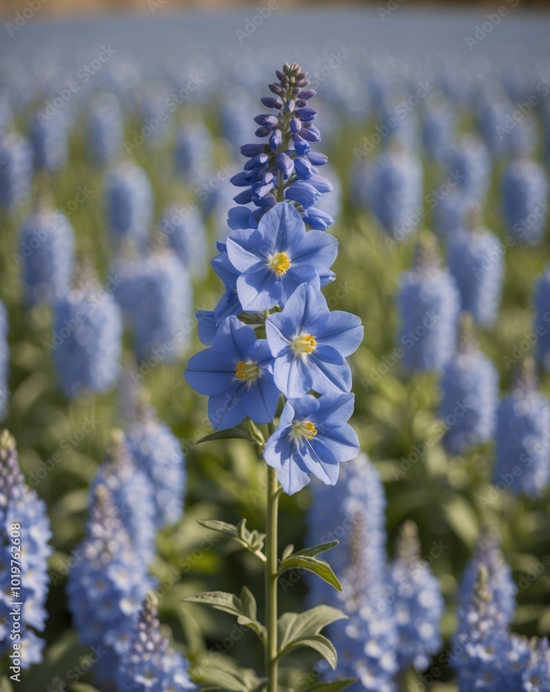 Obraz premium A solitary blue flower blooms amidst a sea of blue flowers in the field.
