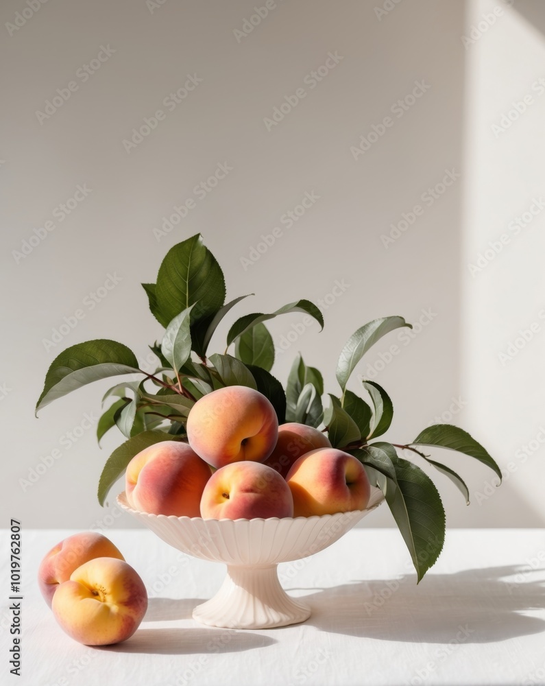 A Still Life of Peaches and Leaves in a Decorative Bowl. A Still Life of Peaches and Leaves in a Decorative Bowl.