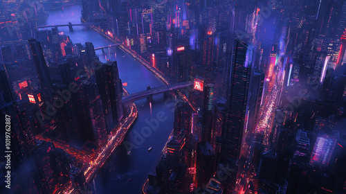 Cyberpunk Cityscape at Night with River and Bridge