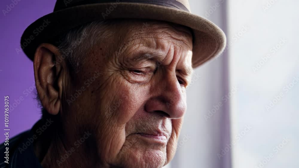 Close-up video of elderly man with hat, expressing sadness. Natural window light, static camera. Purple background. Close-up video of elderly man with hat, expressing sadness. Natural window light, static camera. Purple background.