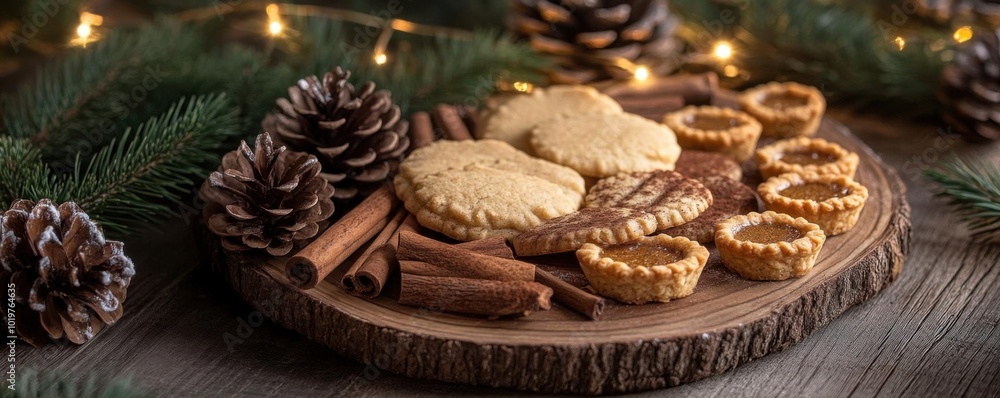 A rustic platter of spiced desserts, featuring cinnamon cookies and nutmeg tarts, surrounded by pinecones and twinkling Christmas lights A rustic platter of spiced desserts, featuring cinnamon cookies and nutmeg tarts, surrounded by pinecones and twinkling Christmas lights