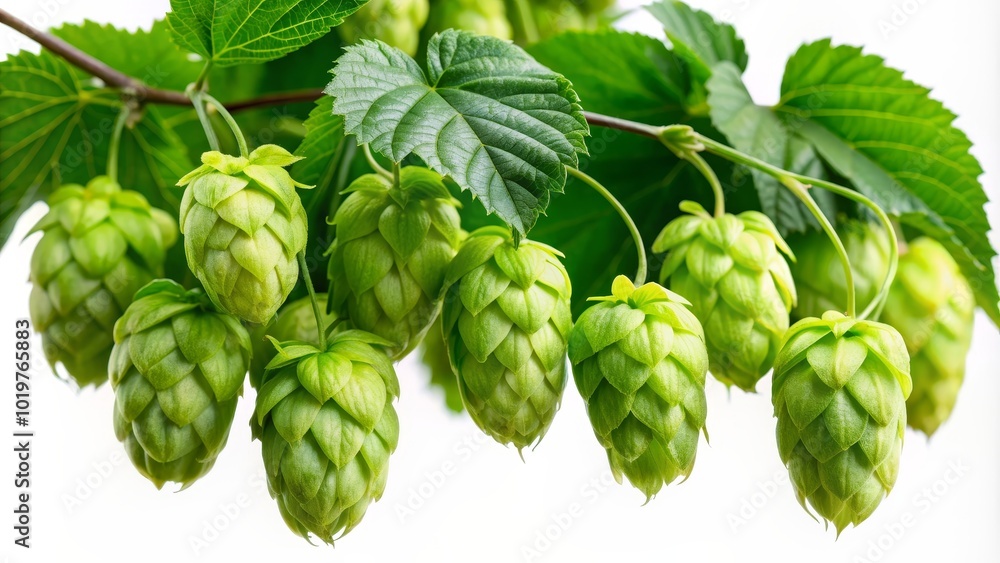Branch with ripe hop cones on isolated background, hop, cones, branch, leaves, plant, agriculture, organic, ingredients, brewery Branch with ripe hop cones on isolated background, hop, cones, branch, leaves, plant, agriculture, organic, ingredients, brewery