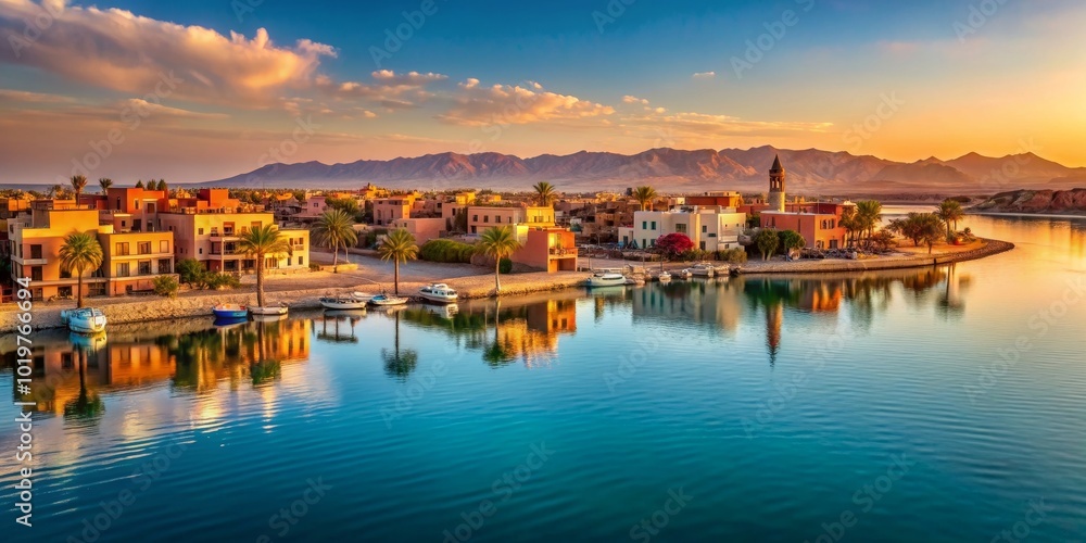 Fototapeta premium Panoramic view of El Gouna Red Sea Egypt at sunset, El Gouna, Red Sea, Egypt, panoramic, sunset, beach, sea, ocean, resort