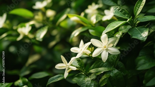 White Flowers Blooming in a Lush Green Bush