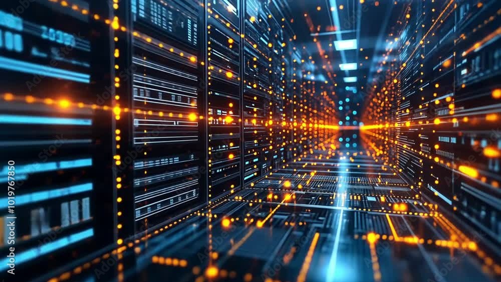 A futuristic data center with glowing servers and digital connections footage A futuristic data center with glowing servers and digital connections footage