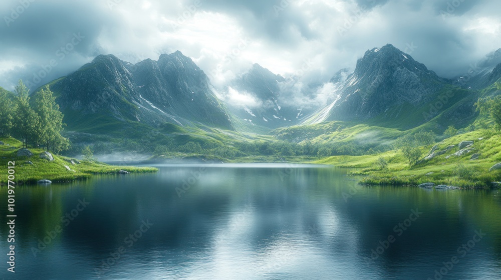 Serene mountain landscape with a tranquil lake and lush greenery.