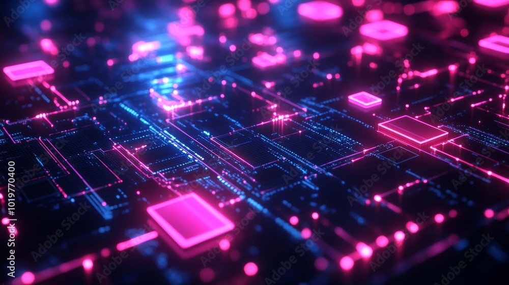 Abstract Neon Lights Pattern on a Circuit Board