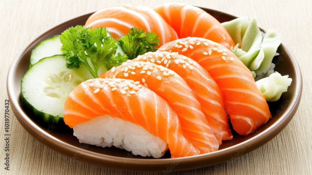 A close-up of a plate of salmon nigiri sushi with cucumber and sesame seeds. A close-up of a plate of salmon nigiri sushi with cucumber and sesame seeds.