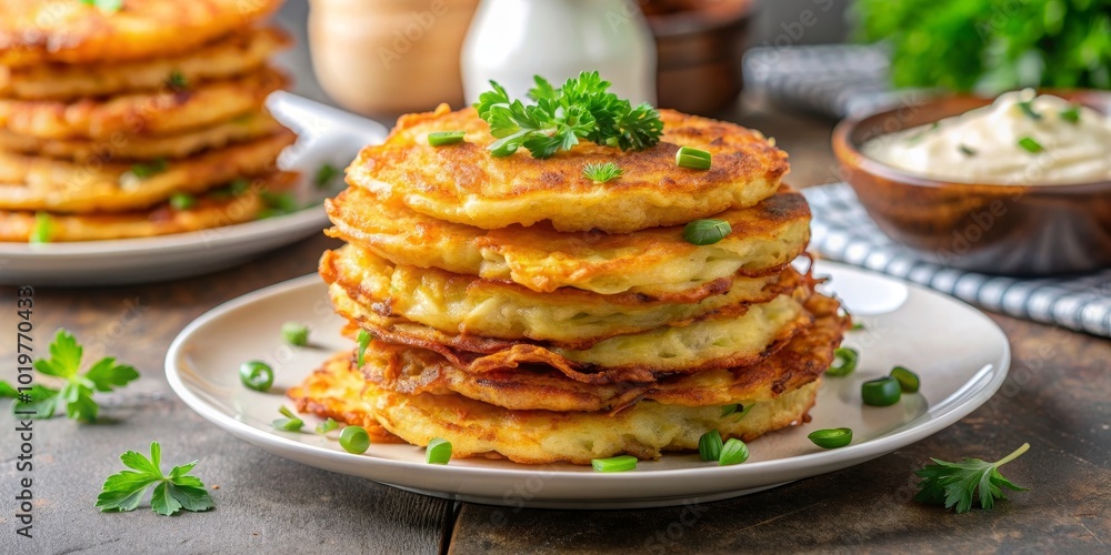 Crispy potato pancakes also known as Kartoffelpuffer or Latkes, German, cuisine, traditional, fried, savory Crispy potato pancakes also known as Kartoffelpuffer or Latkes, German, cuisine, traditional, fried, savory