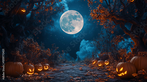 A spooky Halloween forest scene with a full moon, jack-o-lanterns, and gnarled trees.