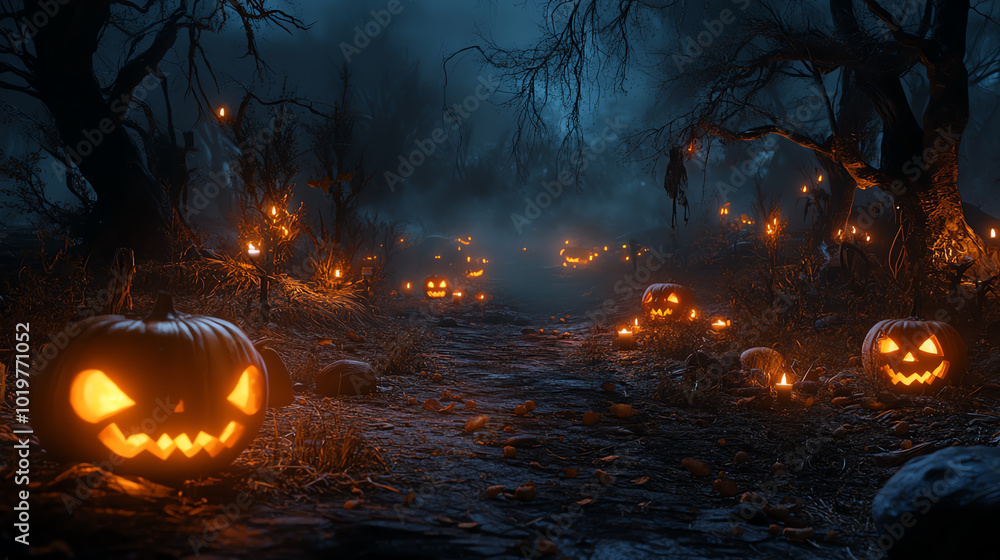 A spooky Halloween forest with glowing jack-o'-lanterns and fog. A spooky Halloween forest with glowing jack-o'-lanterns and fog.