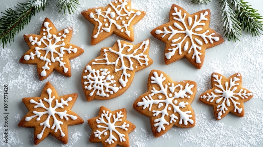 Golden Brown Snowflake and Star Gingerbread Cookies on Pastel Background Golden Brown Snowflake and Star Gingerbread Cookies on Pastel Background