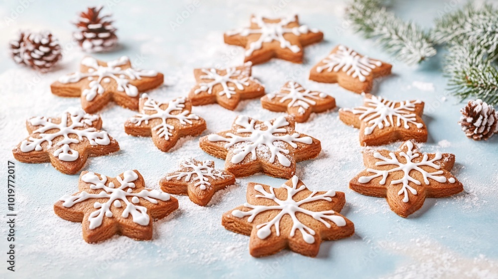 Golden Brown Snowflake and Star Gingerbread Cookies on Pastel Background Golden Brown Snowflake and Star Gingerbread Cookies on Pastel Background