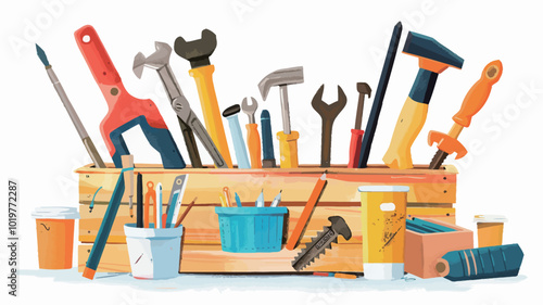 Vector illustration of tools in wooden box isolated on white background. Tools for repair and construction. 