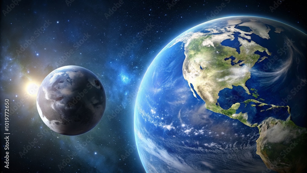 Naklejka premium A serene image of the Earth and moon in the vast expanse of space, earth, moon, space, planet, celestial, universe, orbit