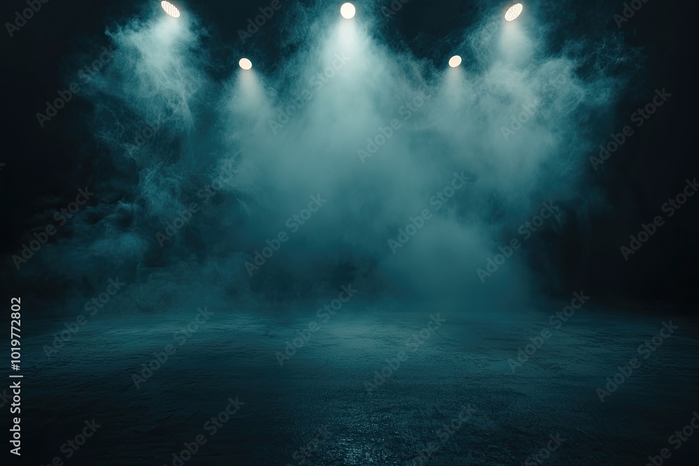 Dark background, concrete floor with smoke and fog, dark scene, spotlights on the ground, background for product presentation Dark background, concrete floor with smoke and fog, dark scene, spotlights on the ground, background for product presentation