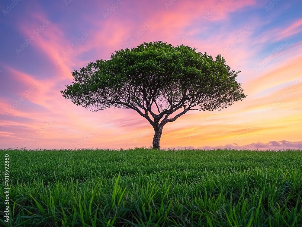 Obraz premium Solitary Tree Arches Elegantly Against a Vibrant Sky, Capturing Nature's Beauty in a Tranquil Landscape, Perfect for Nature and Landscape Photography Enthusiasts