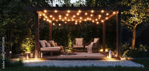 Simple garden pergola with patio furniture on gravel under string lights.