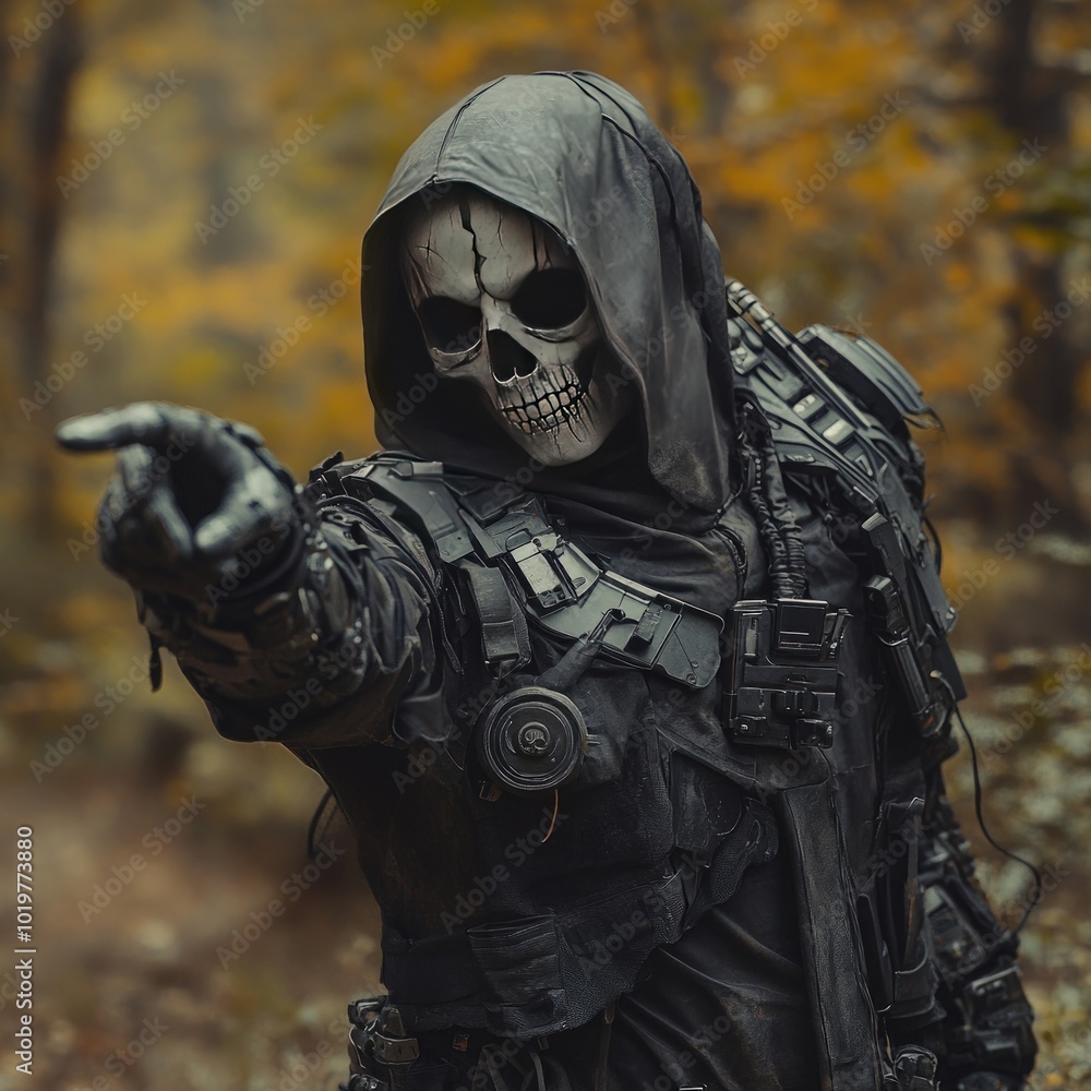 A person wearing a skull mask and futuristic clothing points their finger in a forest. A person wearing a skull mask and futuristic clothing points their finger in a forest.