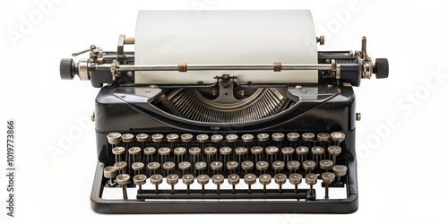 Vintage manual typewriter with a blank paper on a white background, retro, antique, classic, writing, old-fashioned