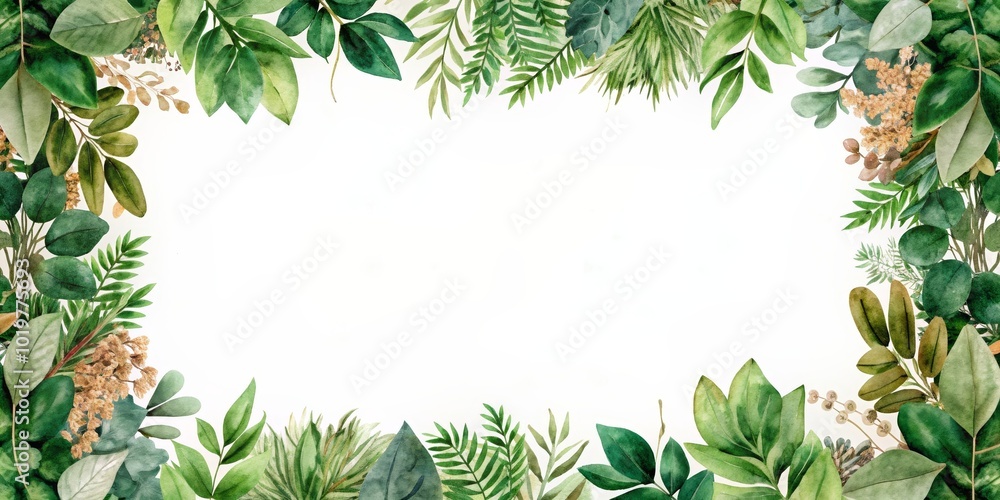 Naklejka premium Watercolor frame featuring lush greenery, perfect for wedding invitations or wall art, watercolor, greenery, frame