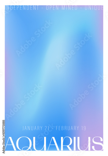 Aquarius zodiac sign. Modern astrology poster in Y2k style. Blurred horoscope background. Gradient template for social media post. Perfect for tarot readers and astrologers. Vector illustration.