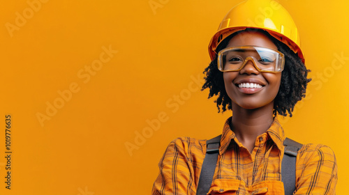 Woman in hard hat and glasses inspecting construction site, looking at blueprints.