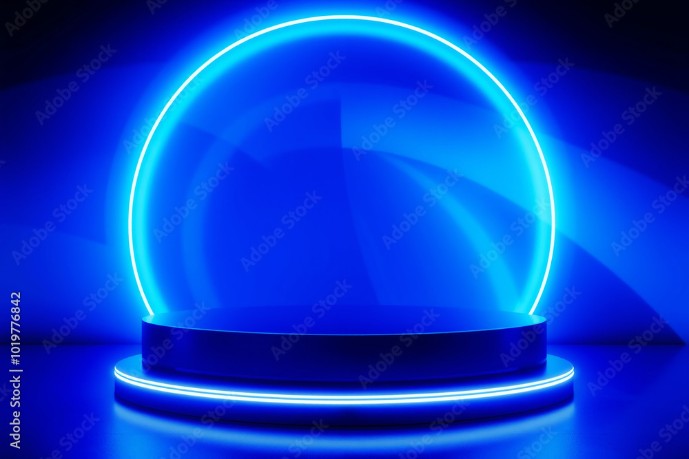 Blue Neon Circle and Podium.generative AI Blue Neon Circle and Podium.generative AI