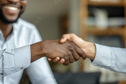 Close-up of Two Men Shaking Hands, One Black, One White