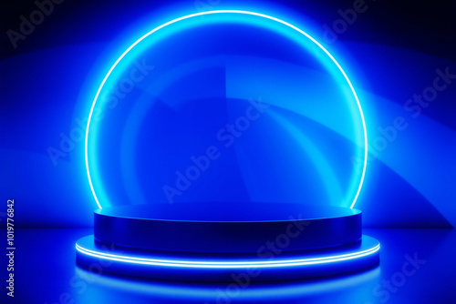 Blue Neon Circle and Podium.generative AI