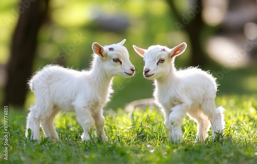 two white baby goats playing together in the grass photo