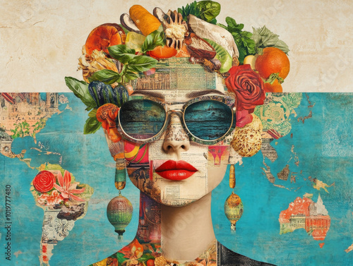 A Vibrant Fusion of Nature's Bounty and Cultural Imagery in Artistic Portraiture