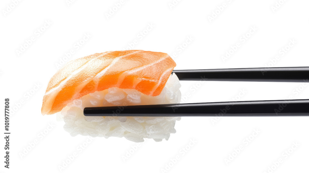 Sushi with salmon on rice held by chopsticks, showcasing delicious and fresh culinary experience. Perfect for food lovers and sushi enthusiasts Sushi with salmon on rice held by chopsticks, showcasing delicious and fresh culinary experience. Perfect for food lovers and sushi enthusiasts