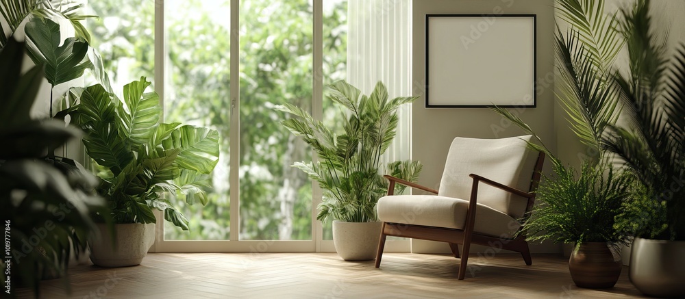 Modern Living Room with Green Plants and Natural Light Modern Living Room with Green Plants and Natural Light