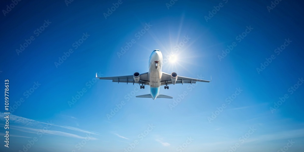 Naklejka premium Airplane soaring through clear blue sky , aircraft, flight, transportation, travel, jet, aviation