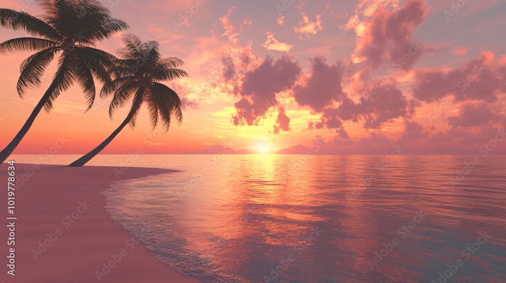 Two palm trees on a tropical beach with a colorful sunset over the ocean. Two palm trees on a tropical beach with a colorful sunset over the ocean.