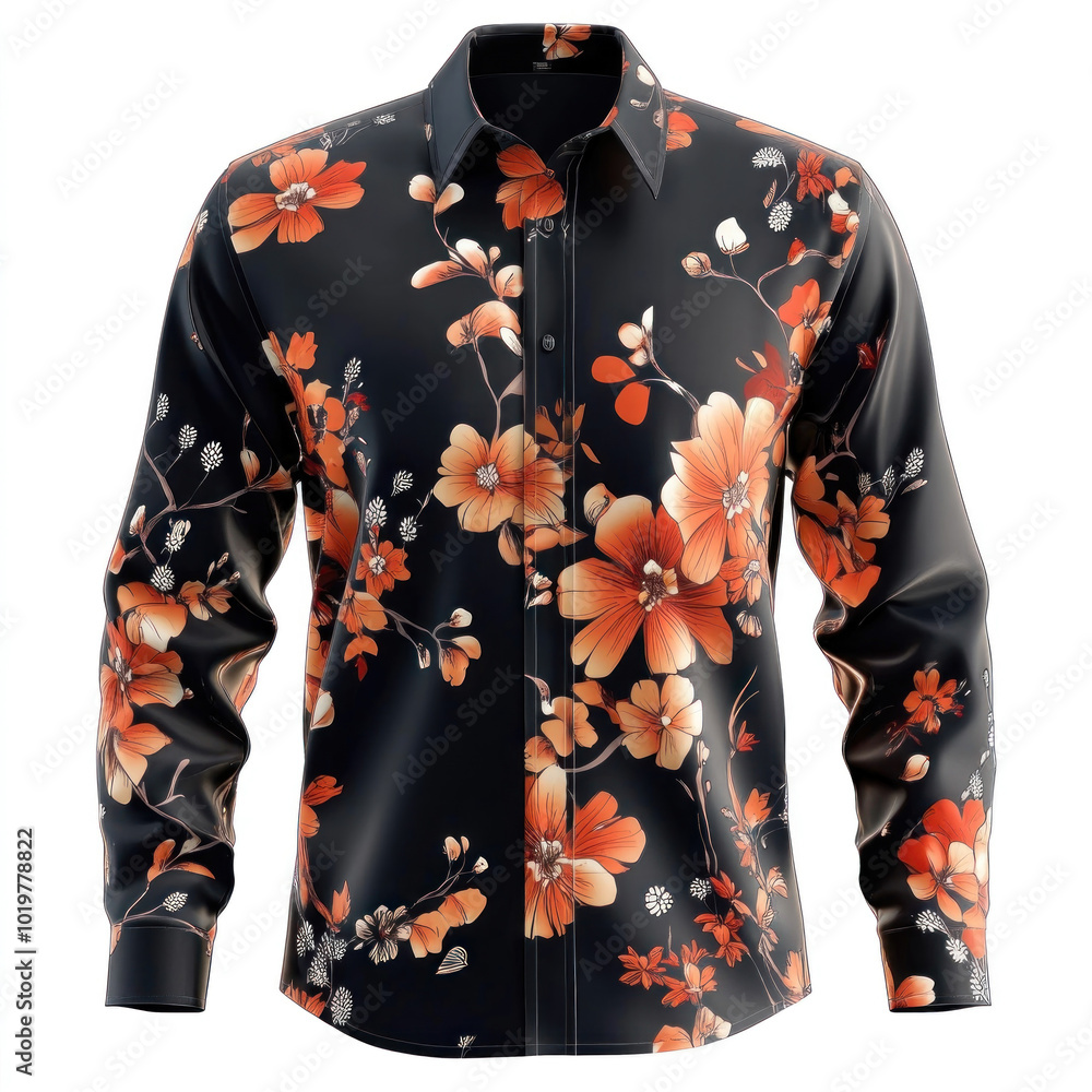 Black shirt with orange flowers, laid on a rustic wooden table surrounded by autumn leaves and sunlight filtering through a nearby window. Black shirt with orange flowers, laid on a rustic wooden table surrounded by autumn leaves and sunlight filtering through a nearby window.