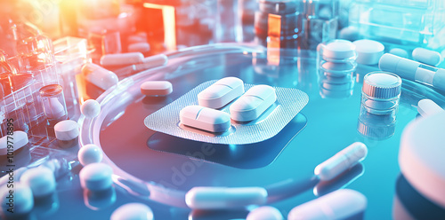 Pharmaceutical Pills and Packaging in a Scientific Research Environment,depicts a detailed view of pharmaceutical pills, blister packaging, and laboratory vials on a reflective surface