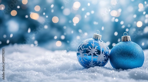 Festive christmas blue background with falling snowflakes and winter wonderland atmosphere