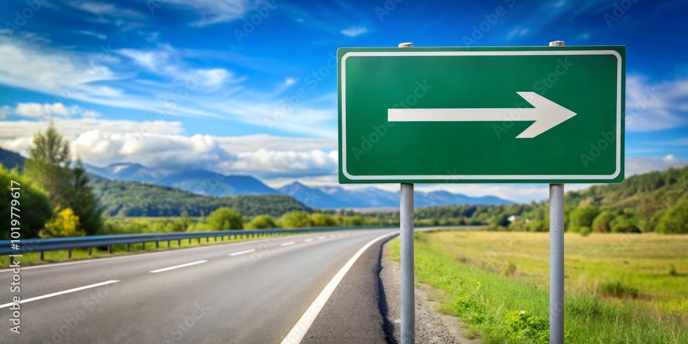 Road sign with arrow pointing left on a highway , road sign, directional, traffic, transportation, guidance, symbol Road sign with arrow pointing left on a highway , road sign, directional, traffic, transportation, guidance, symbol